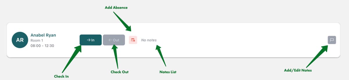 Staff row showing name, room, and working hours