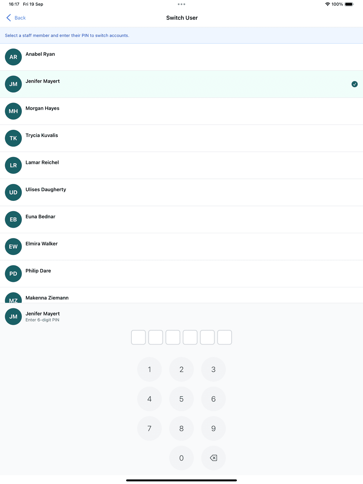 User switching interface